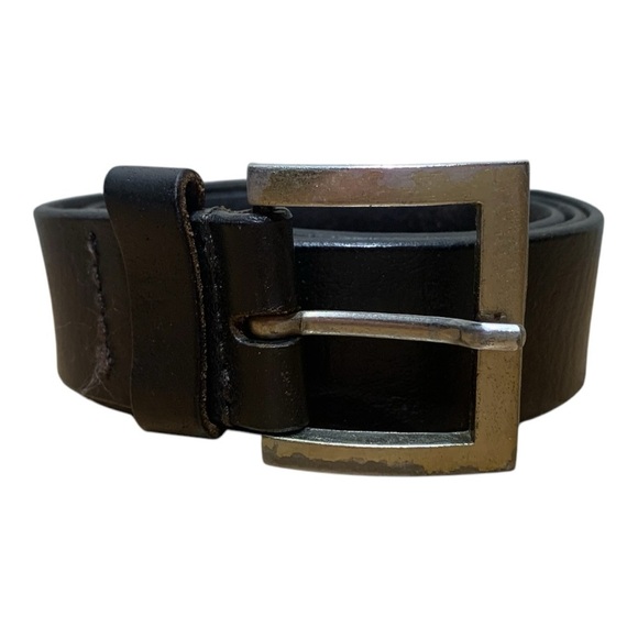 Men's Black Leather Belt With Square Silver Metal Buckle - Picture 1 of 4
